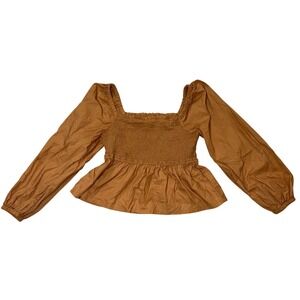 J.Crew Brown Caramel Smocked Peplum Puff Sleeve Cotton Cropped Blouse Top Medium